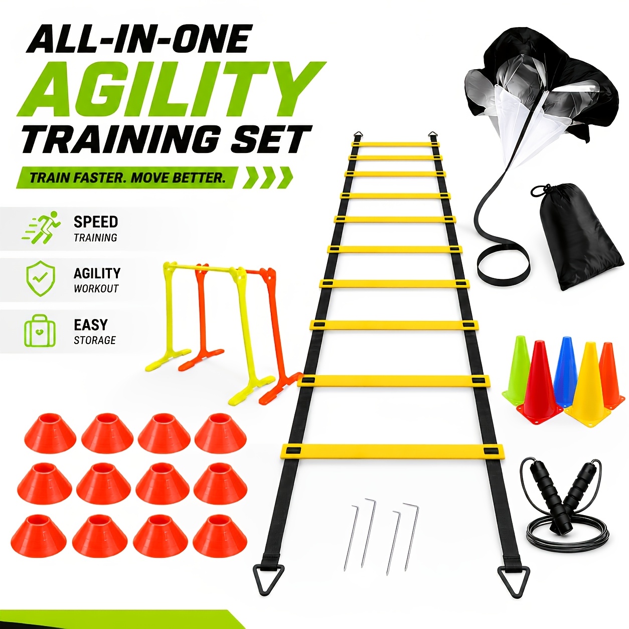 Agility course set with hurdles and parachutes